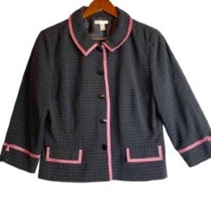 LONDON TIMES WOMENS SHORT BLACK JACKET W/PINK SWISS DOT AND RIBBON TRIM SIZE 14